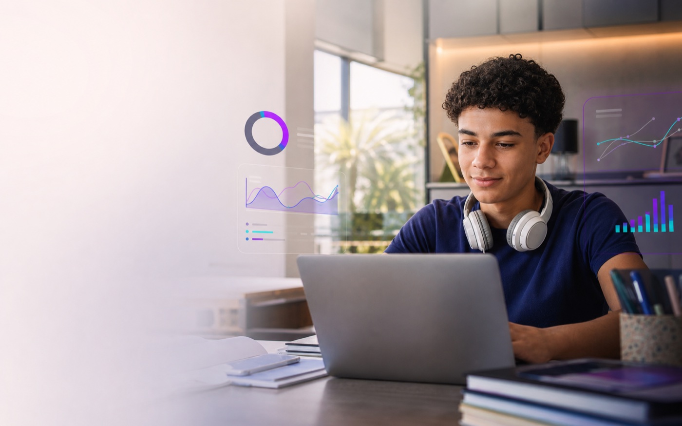 Estudante usando uma plataforma educacional com indicadores de aprendizagem
